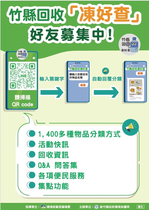 請協助宣傳加入「竹縣回收凍好查」LINE帳號，落實資源回收及正確垃圾分類，請查照轉知。圖片